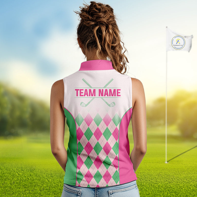 Argyle Pattern Womens Sleeveless Golf Polo Shirts For Womens Custom Name, Golf Pattern Pink Green Shirt Gifts NHT930