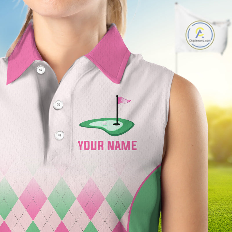 Argyle Pattern Womens Sleeveless Golf Polo Shirts For Womens Custom Name, Golf Pattern Pink Green Shirt Gifts NHT930