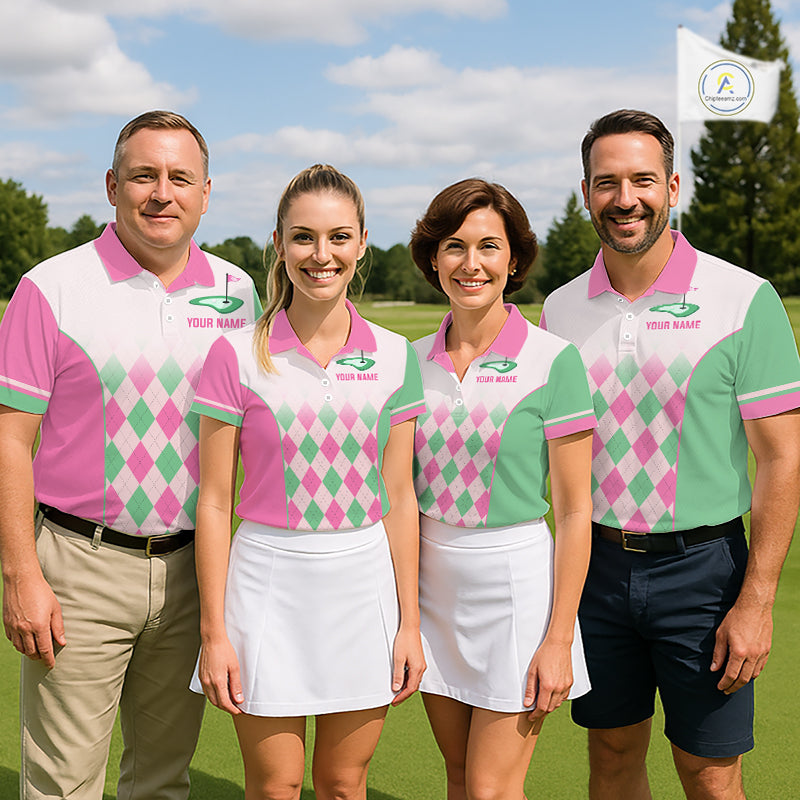 Argyle Pattern Golf Polo Shirts For Mens Custom Name, Golf Pattern Pink Green Shirt Gifts NHT930