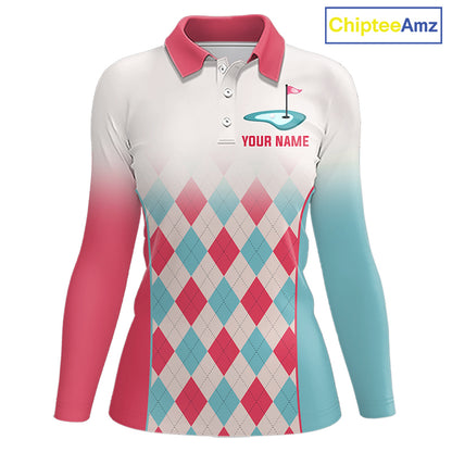 Argyle Pattern Golf Polo Shirts For Womens Custom Name, Golf Pattern Red Blue Shirt Gifts NHT931