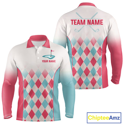 Argyle Pattern Golf Polo Shirts For Mens Custom Name, Golf Pattern Red Blue Shirt Gifts NHT931