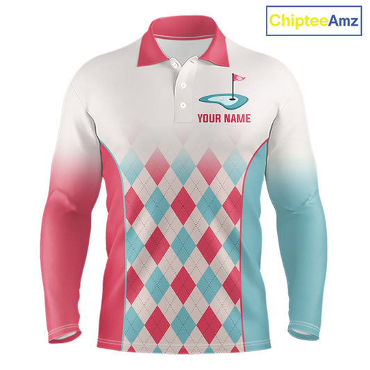 Argyle Pattern Golf Polo Shirts For Mens Custom Name, Golf Pattern Red Blue Shirt Gifts NHT931