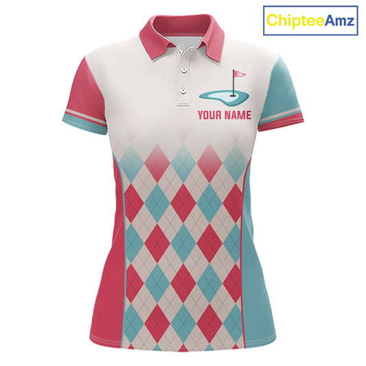 Argyle Pattern Golf Polo Shirts For Womens Custom Name, Golf Pattern Red Blue Shirt Gifts NHT931