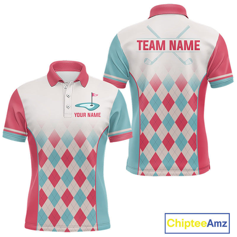 Argyle Pattern Golf Polo Shirts For Mens Custom Name, Golf Pattern Red Blue Shirt Gifts NHT931