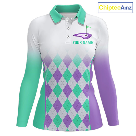 Argyle Pattern Golf Polo Shirts For Womens Custom Name, Golf Pattern Turquoise Purple Shirt Gifts NHT932