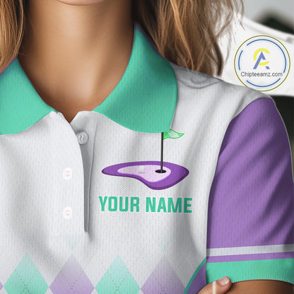 Argyle Pattern Golf Polo Shirts For Womens Custom Name, Golf Pattern Turquoise Purple Shirt Gifts NHT932