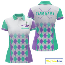Load image into Gallery viewer, Argyle Pattern Golf Polo Shirts For Womens Custom Name, Golf Pattern Turquoise Purple Shirt Gifts NHT932