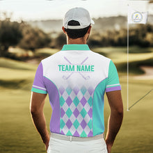 Load image into Gallery viewer, Argyle Pattern Golf Polo Shirts For Mens Custom Name, Golf Pattern Turquoise Purple Shirt Gifts NHT932