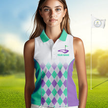 Load image into Gallery viewer, Argyle Pattern Womens Sleeveless Golf Polo Shirts For Womens Custom Name, Golf Pattern Turquoise Purple Shirt Gifts NHT932
