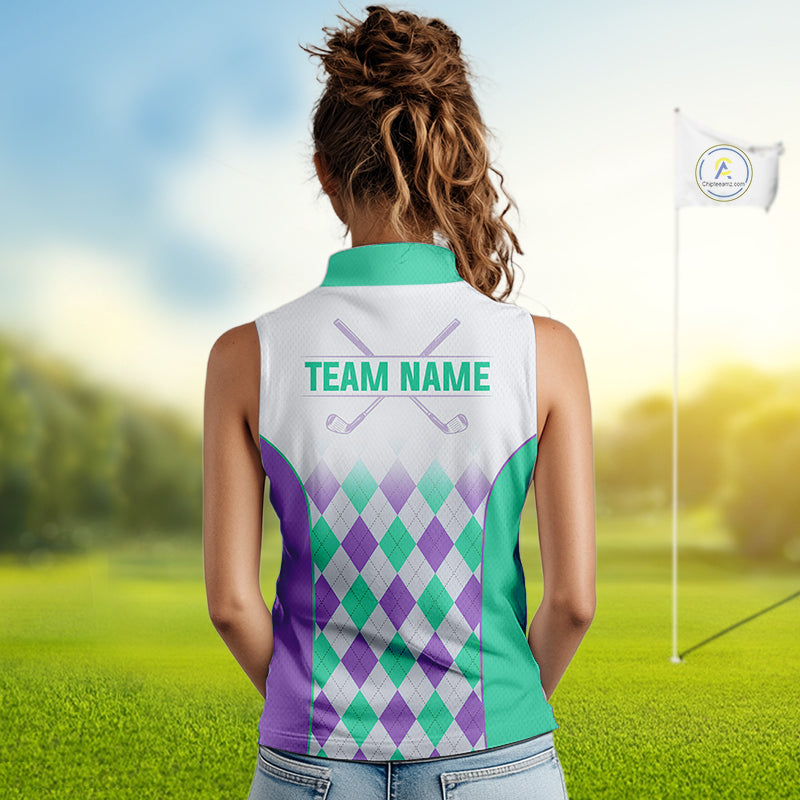 Argyle Pattern Womens Sleeveless Golf Polo Shirts For Womens Custom Name, Golf Pattern Turquoise Purple Shirt Gifts NHT932