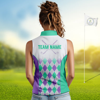 Argyle Pattern Womens Sleeveless Golf Polo Shirts For Womens Custom Name, Golf Pattern Turquoise Purple Shirt Gifts NHT932
