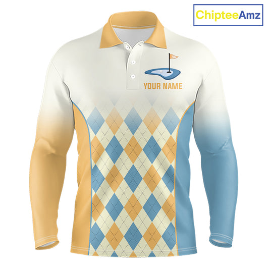 Argyle Pattern Golf Polo Shirts For Mens Custom Name, Golf Pattern Yellow Blue Shirt Gifts NHT933