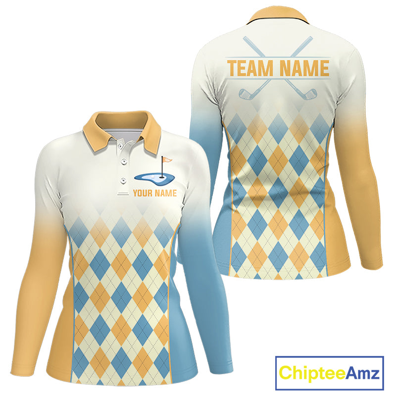 Argyle Pattern Golf Polo Shirts For Womens Custom Name, Golf Pattern Yellow Blue Shirt Gifts NHT933