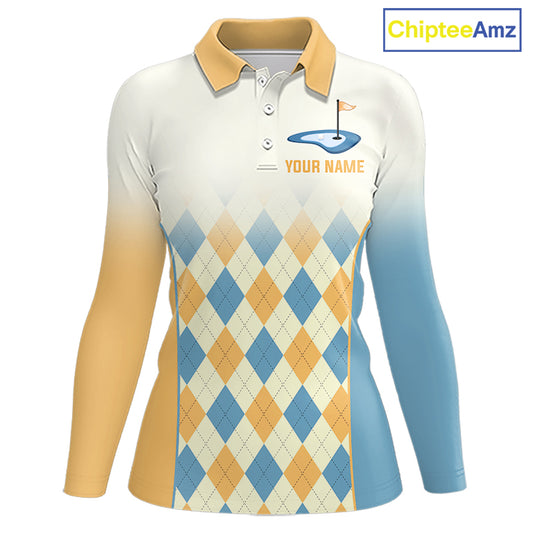 Argyle Pattern Golf Polo Shirts For Womens Custom Name, Golf Pattern Yellow Blue Shirt Gifts NHT933