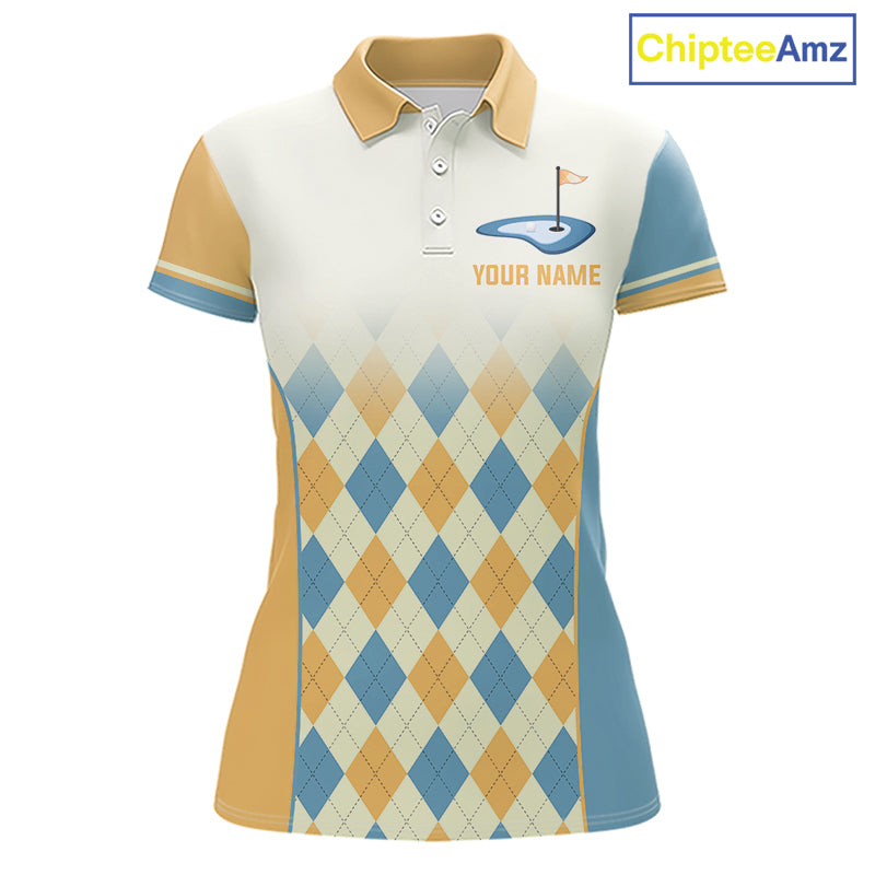 Argyle Pattern Golf Polo Shirts For Womens Custom Name, Golf Pattern Yellow Blue Shirt Gifts NHT933
