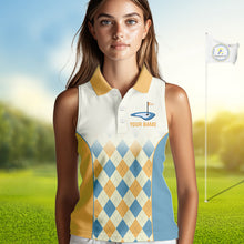 Load image into Gallery viewer, Argyle Pattern Womens Sleeveless Golf Polo Shirts For Womens Custom Name, Golf Pattern Yellow Blue Shirt Gifts NHT933