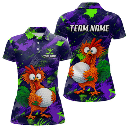 Front and back views of a short-sleeve polo shirt with a colorful cartoon chicken graphic on a purple and green splatter background. The front shows a polo collar, buttons, and customizable text reading 'YOUR NAME' and a golf club logo.