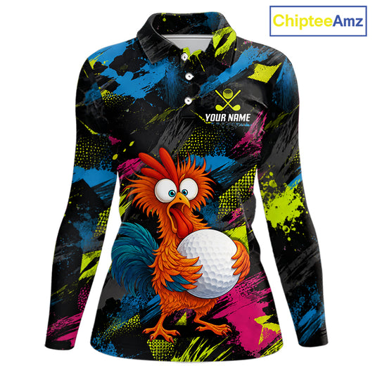 A long-sleeve polo shirt with a colorful all-over abstract paint-splatter print in black, blue, pink, and neon yellow, featuring a large cartoon rooster holding a golf ball on the front and a customizable chest graphic that reads 'YOUR NAME' with golf clubs.