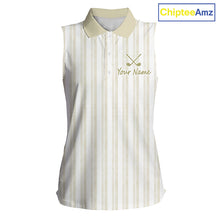 Load image into Gallery viewer, Personalized Womens Sleeveless Golf Polo Shirt Beige Striped Custom Team Name Polo For Womens