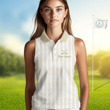 Load image into Gallery viewer, Personalized Womens Sleeveless Golf Polo Shirt Beige Striped Custom Team Name Polo For Womens NHT941