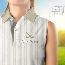 Load image into Gallery viewer, Personalized Womens Sleeveless Golf Polo Shirt Beige Striped Custom Team Name Polo For Womens NHT941