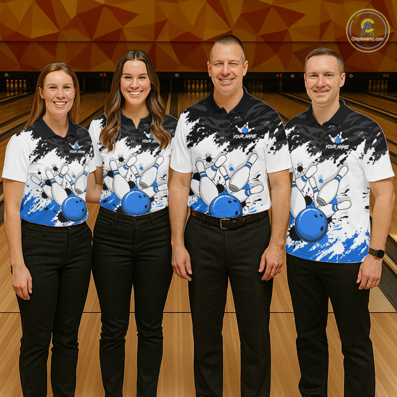 Bowling Shirt Custom Name Blue Black White Bowling Ball Personalized Team Jersey Gift For Men NHT1249