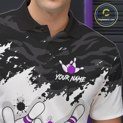Bowling Shirt Custom Name Purple Black White Bowling Ball Personalized Team Jersey Gift For Men NHT1251