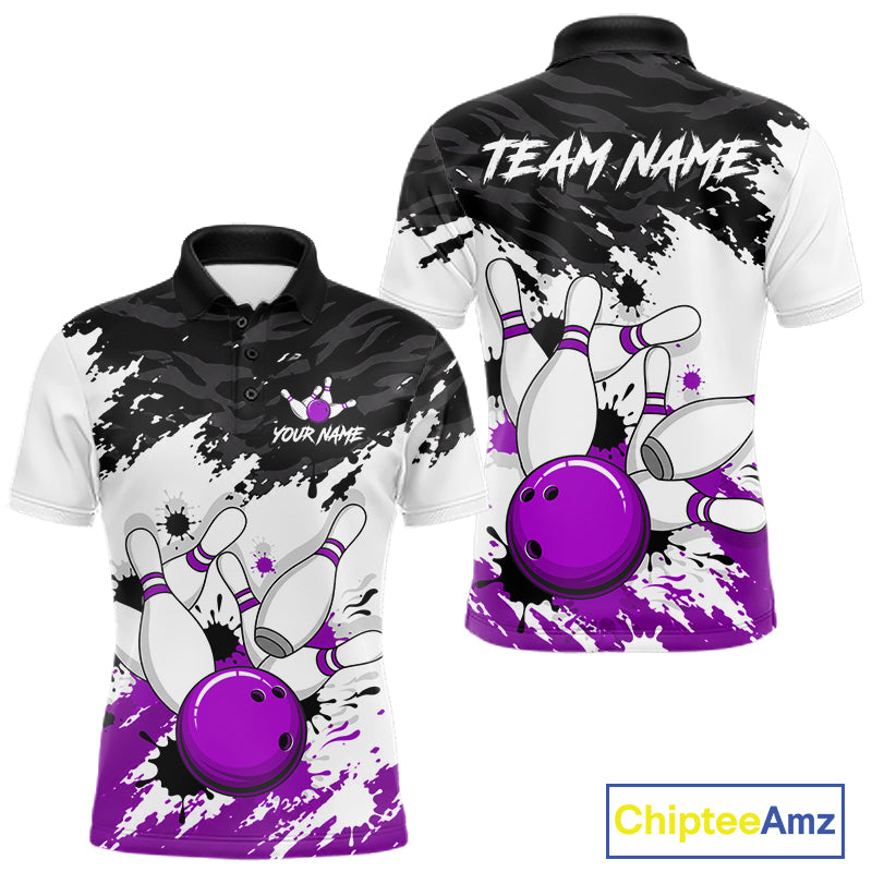 Front and back views of a customizable short-sleeve polo shirt featuring a bowling theme with purple bowling balls and pins, black and white paint splatter graphics, and placeholder text 'TEAM NAME' and 'YOUR NAME'.