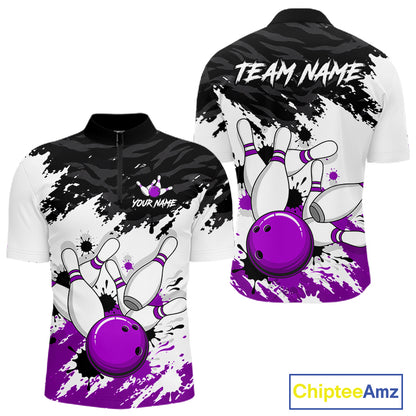 Front and back views of a short-sleeve custom bowling-themed polo shirt. The shirt features a black and white splatter/camo pattern with a large graphic of bowling pins and a purple bowling ball on the front, and 'TEAM NAME' and 'YOUR NAME' placeholder text on the back and chest.