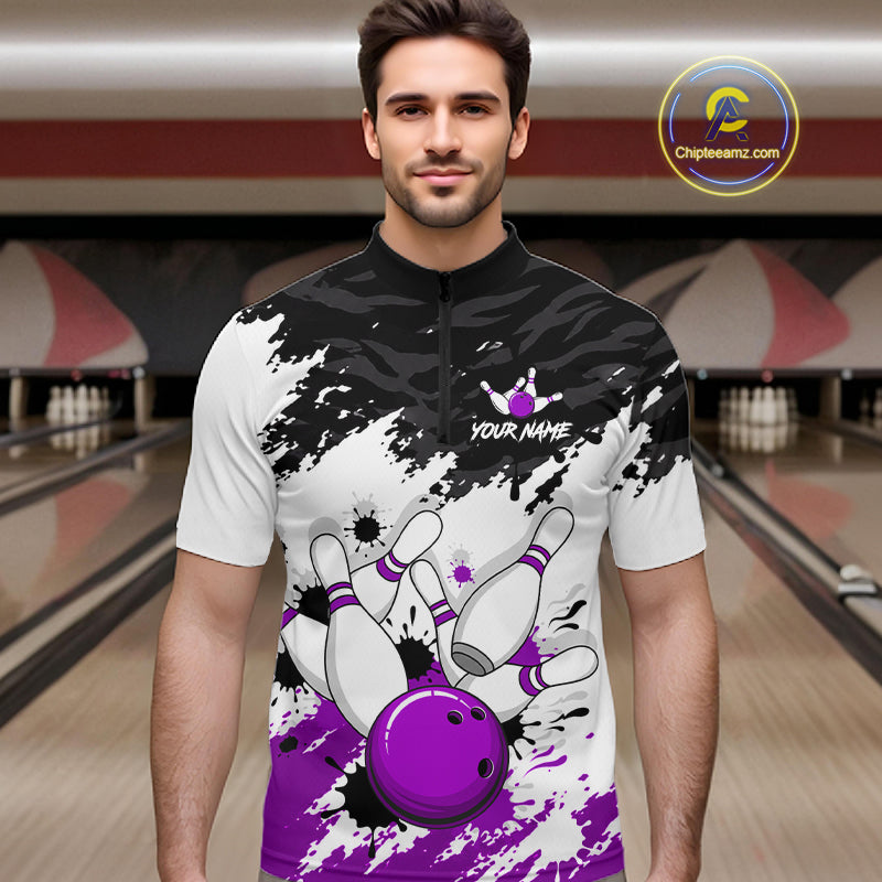 Bowling Shirt Custom Name Purple Black White Bowling Ball Personalized Team Jersey Gift For Men NHT1251