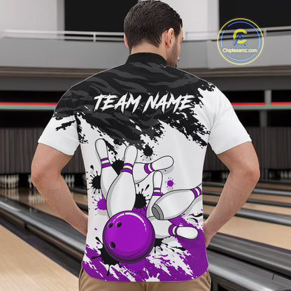 Bowling Shirt Custom Name Purple Black White Bowling Ball Personalized Team Jersey Gift For Men NHT1251