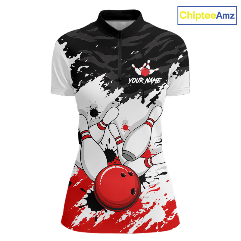A short-sleeve bowling-themed polo shirt with a black, white, and red splatter design, featuring cartoon bowling pins and a red bowling ball graphic. The shirt has a mock neck, a short zipper at the collar, and placeholder text 'YOUR NAME' and 'BOWLING CLUB' on the chest.