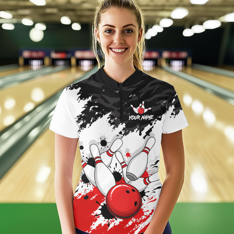 Bowling Shirt Custom Name Red Black White Bowling Ball Personalized Team Jersey Gift For Women NHT1252
