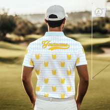 Load image into Gallery viewer, Funny Skull Golf Polo Shirts Beer Blue Argyle Pattern Custom Name Skull Playing Golf Apparel NBT629