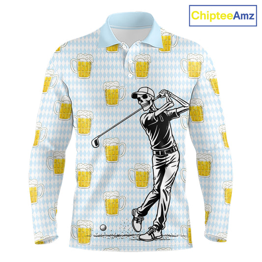 Funny Skull Golf Polo Shirts Beer Blue Argyle Pattern Custom Name Skull Playing Golf Apparel NBT629