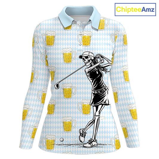 Funny Skull Golf Polo Shirts Beer Blue Argyle Pattern Custom Name Skull Playing Golf Apparel NBT629