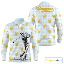 Load image into Gallery viewer, Funny Skull Golf Polo Shirts Beer Blue Argyle Pattern Custom Name Skull Playing Golf Apparel NBT629