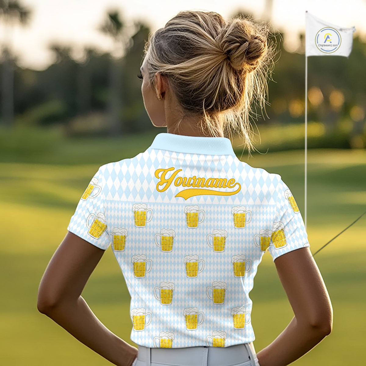 Funny Skull Golf Polo Shirts Beer Blue Argyle Pattern Custom Name Skull Playing Golf Apparel NBT629