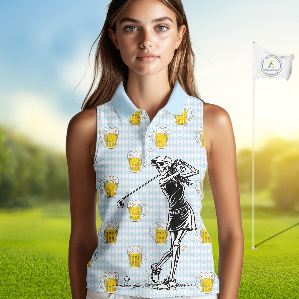 Funny Skull Womens Sleeveless Golf Polo Shirts Beer Blue Argyle Pattern Custom Name Skull Playing Golf Apparel NBT629