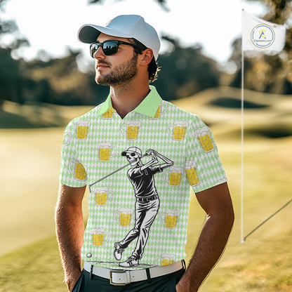 Funny Skull Golf Polo Shirts Beer Green Argyle Pattern Custom Name Skull Playing Golf Apparel NBT630