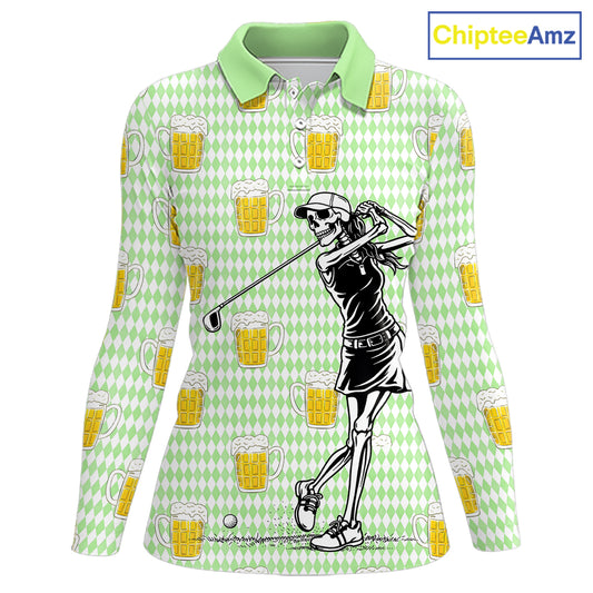 Funny Skull Golf Polo Shirts Beer Green Argyle Pattern Custom Name Skull Playing Golf Apparel NBT630