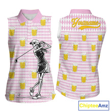 Load image into Gallery viewer, Funny Skull Womens Sleeveless Golf Polo Shirts Beer Pink Argyle Pattern Custom Name Skull Playing Golf Apparel NBT631
