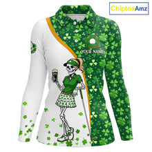 Load image into Gallery viewer, Custom St. Patrick's Day Womens Golf Polo Shirt – Shamrock Skeleton Lady Golfer Personalized Team 