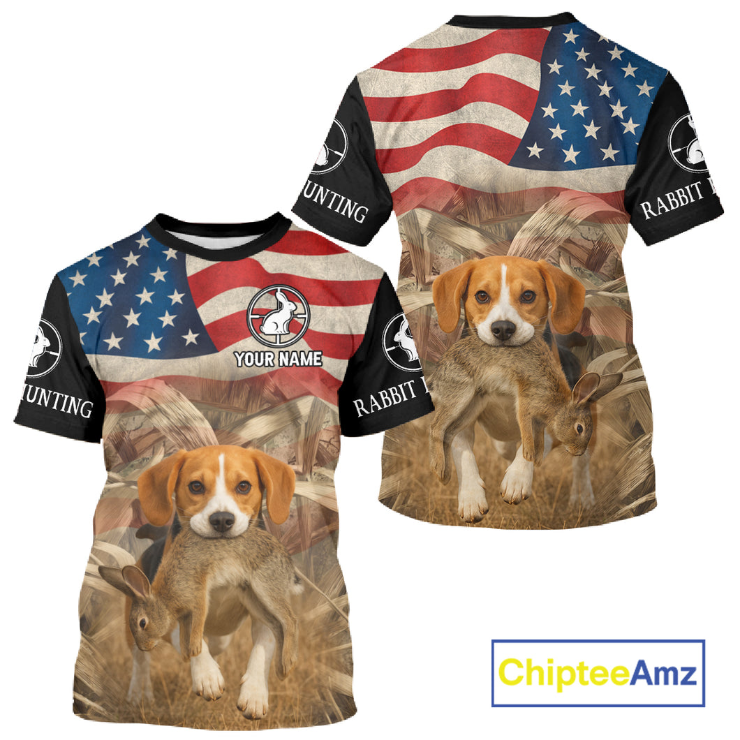 Personalized Rabbit Hunting Shirt 3D All Over Print with Beagle Dog and US Flag Hunting Gift NHT157