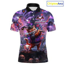 Load image into Gallery viewer, Personalized Mens Golf Polo Shirts Angry Cat Golfer Gothic Lightning Theme Team Name Shirt NHT803