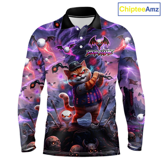 Personalized Mens Golf Polo Shirts Angry Cat Golfer Gothic Lightning Theme Team Name Shirt NHT803