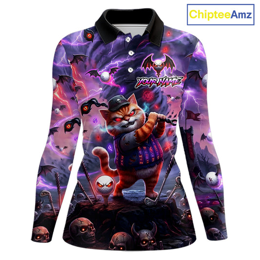 Personalized Womens Golf Polo Shirts Angry Cat Golfer Gothic Lightning Theme Team Name Shirt NHT803