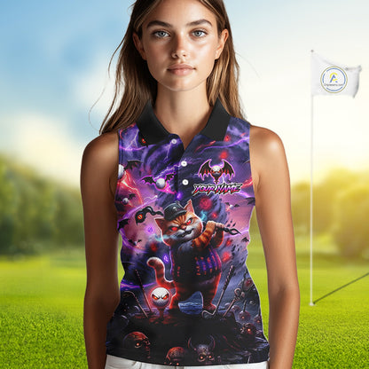 Personalized Sleeveless Women Golf Polo Shirts Angry Cat Golfer Gothic Lightning Theme Team Name Shirt NHT803