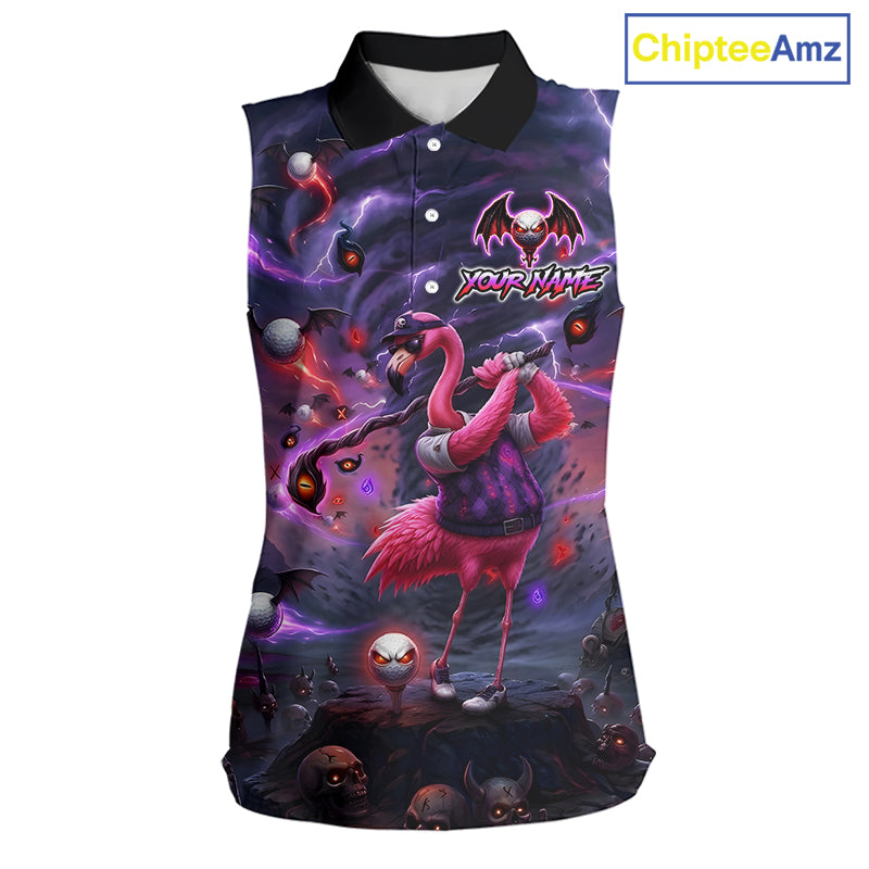 Personalized Sleeveless Women Golf Polo Shirts Angry Flamingo Golfer Gothic Lightning Theme Team Name Shirt NHT804