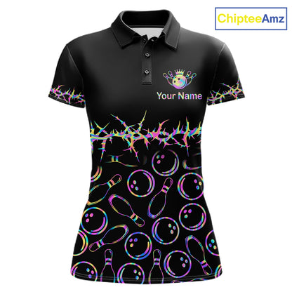 A women's black short-sleeve polo shirt with a neon rainbow pattern of bowling pins and bowling balls, featuring a custom name and logo placeholder on the chest. The ChipteeAmz logo is visible in the top right corner.